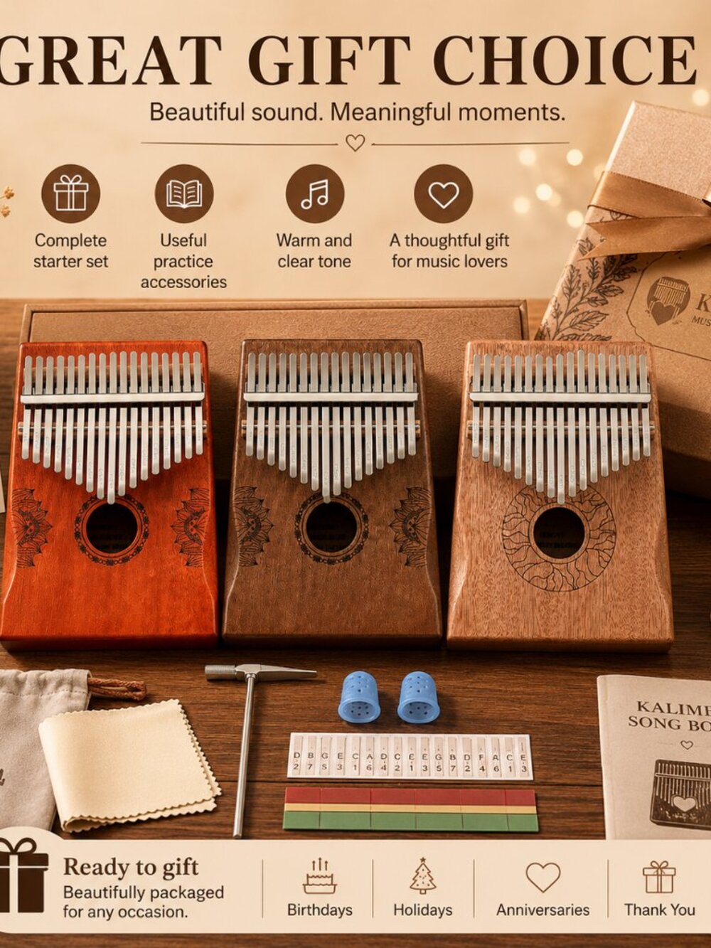 17 Key Mahogany Kalimba Lotus Design Wooden Thumb Piano Gift - Picture 10 of 10